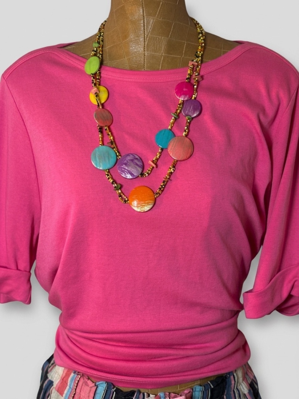 Boho Multi-Strand Seed Bead and Painted Disc Statement Necklace